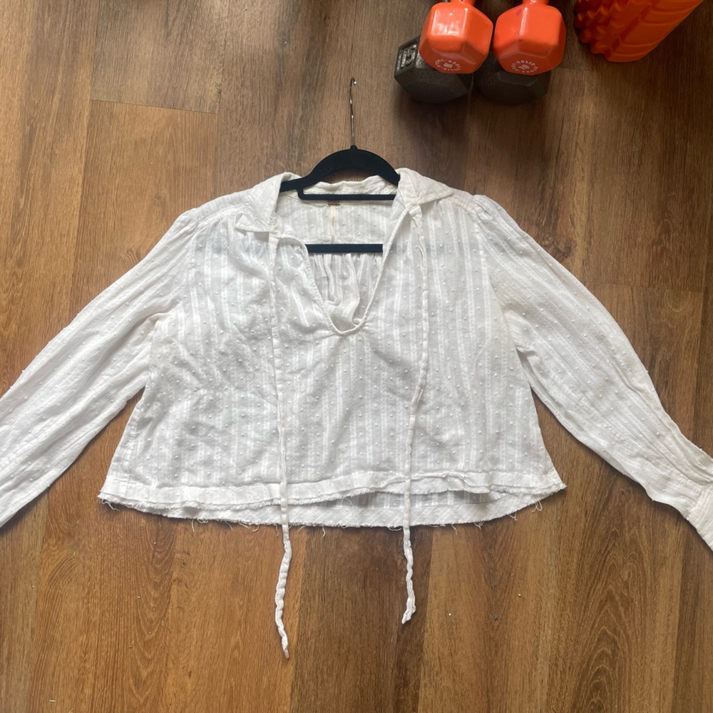 White free people Textured Peasant Blouse with Tie neck